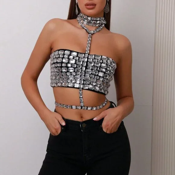 Black Party Women's Rhinestone Halter Neck Sexy & Versatile Camisole Top - Picture 5 of 9
